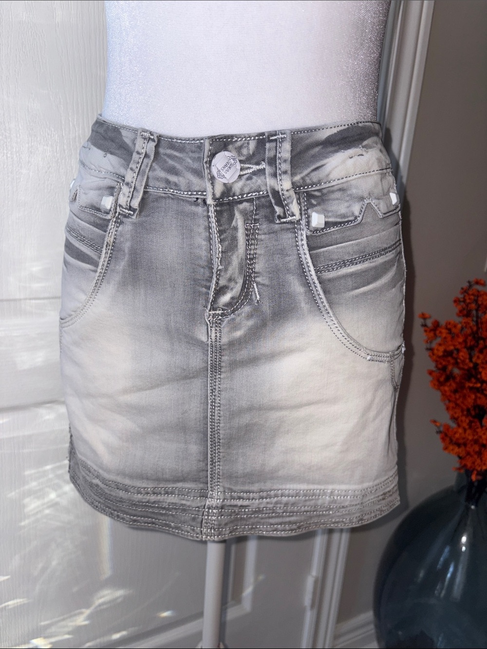 Vintage Y2K Grey Washed Denim Mini Skirt